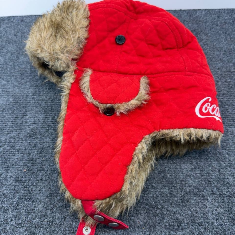 Vintage Coca-Cola Trapper Hat Red Quilted Faux Fur Ear Flaps Winter Cap One Size